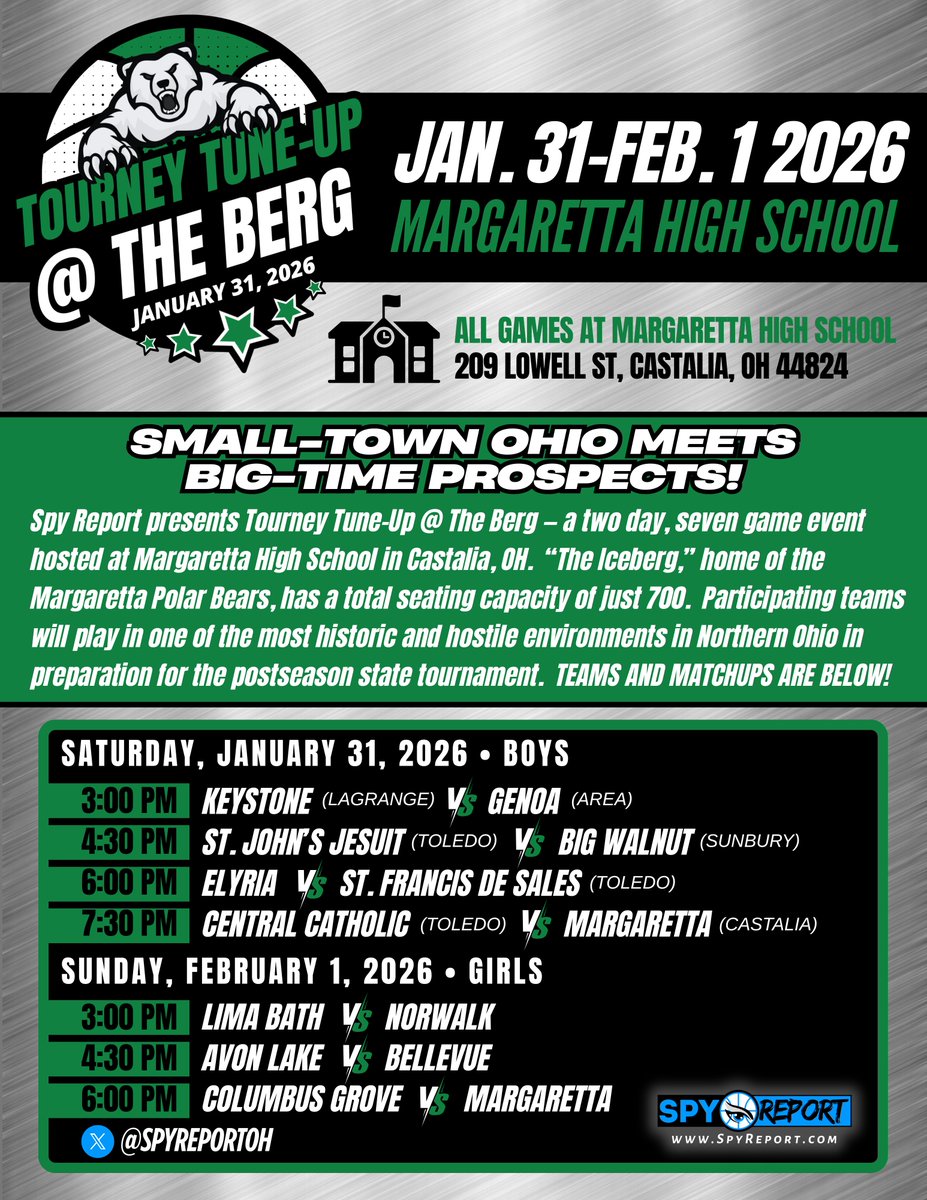 🚨 OFFICIAL ANNOUNCEMENT!

🔦 Spy Report is proud to announce “Tourney Tune-Up @ The Berg!”  A two day, seven game high school hoops event hosted at Margaretta High School in Castalia, OH.

🏆 LOADED FIELD BOYS + GIRLS TEAMS!
⭐️ TOP PROSPECTS GALORE!
📝 TONS OF MEDIA COVERAGE!