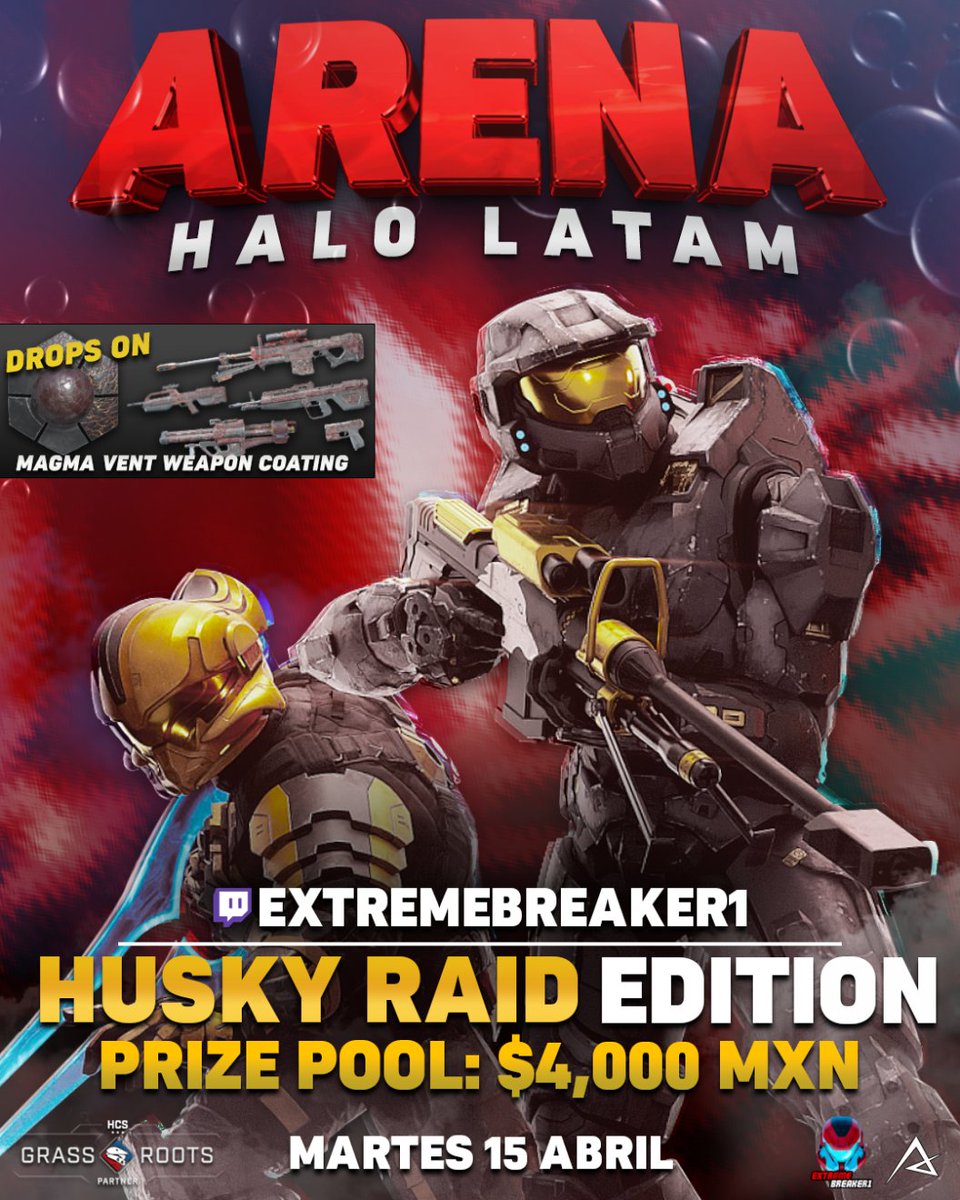 🏆¡PRESENTAMOS CUARTA EDICIÓN DE #ArenaHaloLATAM EDICIÓN HUSKY RAID! 🏆
HECHO POR: <a href="/ArturBloodshot/">ArturBloodshot | The Architect</a> y <a href="/Extremebreaker1/">EXTREMEBREAKER1</a> 

🗓️ Martes 15 de Abril
⏰ 2pm MT/CDMX
👥 4v4 / Doble Eliminación
🏆 $4000 MXN Prize pool + SORTEOS

CUPO LIMITADO
📝 Registro: start.gg/HuskyArena