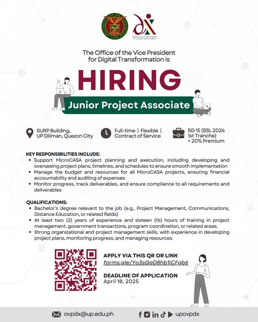We’re hiring!
Join the UP OVPDx team as a Junior Project Associate for #MICROCASA!
💼 Network with the UP &amp; MICROCASA community
🌱 Grow professionally
📅 Apply by April 18, 2025

🔗 Apply here: forms.gle/Yo3sGqD8hb1iCF…
#OVPDx #UPDigitalTransformation #DigitalTransformation