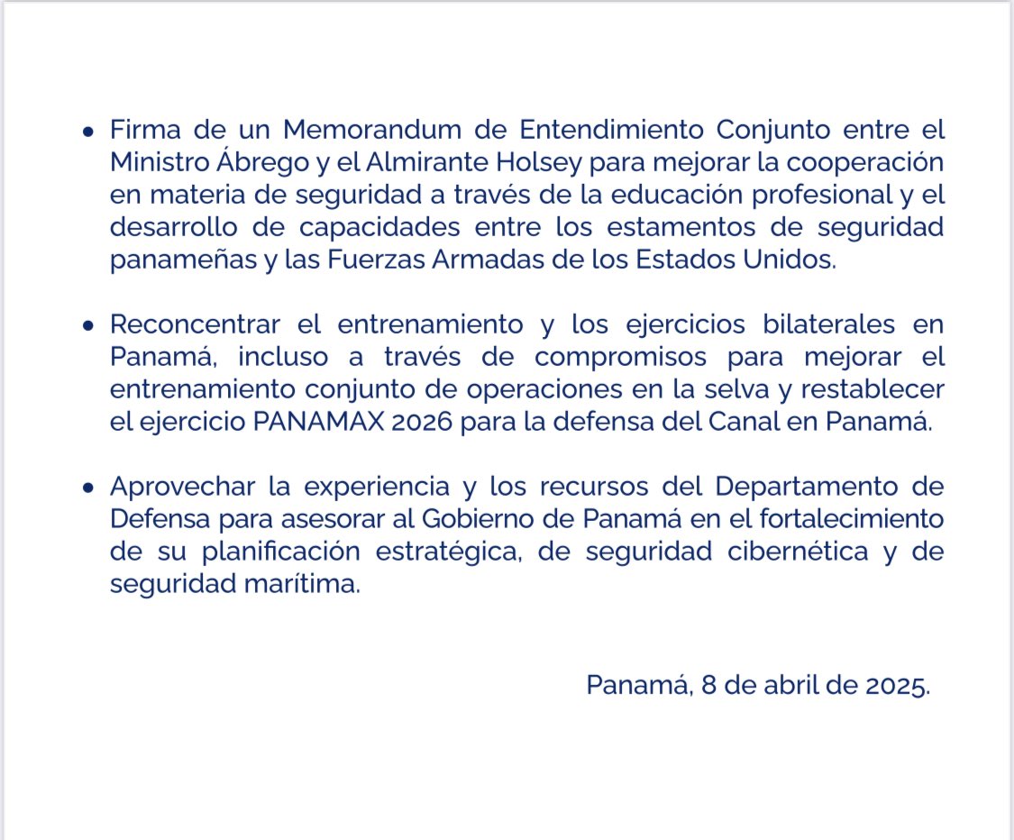 Declaración Conjunta entre el Presidente <a href="/JoseRaulMulino/">José Raúl Mulino</a> y el Secretario de Defensa Hegseth, después de la Reunión Bilateral en el Palacio de las Garzas.

Durante la visita, los líderes reafirmaron la histórica relación de seguridad entre la República de Panamá y los Estados