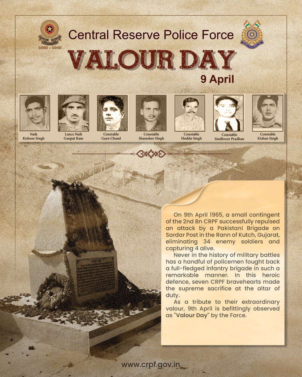 crpfindia's tweet photo. On 9 April 1965, 300 bravehearts of 2nd Bn #CRPF scripted history at Sardar Post in Rann of Kutch, Gujarat by crushing the assault of a 3,500-strong Pakistani brigade — a legendary stand where valour triumphed over overwhelming odds.

This day is etched in glory as #ValourDayCRPF, honouring their unmatched courage, sacrifice, and unyielding spirit.

#NationFirst 
#SardarPost
@gpsinghips