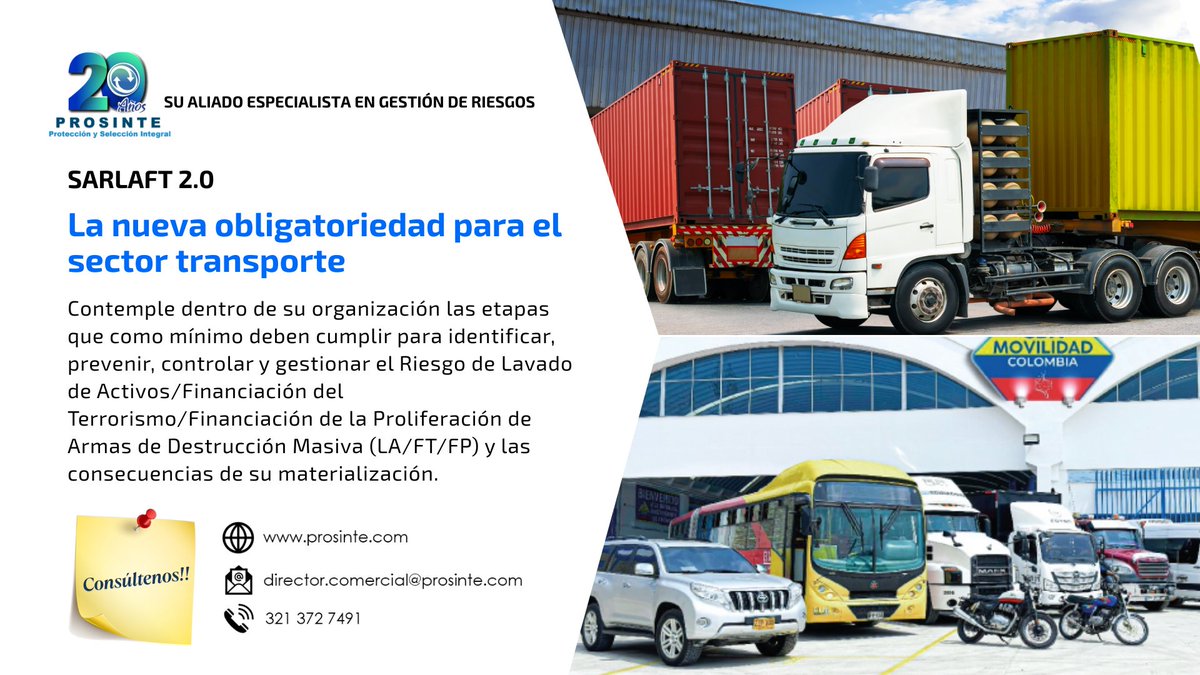 ProsinteS's tweet photo. Consúltenos!! y le diremos como apoyarle!
#SARLAFT #operacionessospechosas #Resolucion #transportedecarga #transportepasajeros #multimodal #UIAF #GAFI https://t.co/pLY1fjnddt