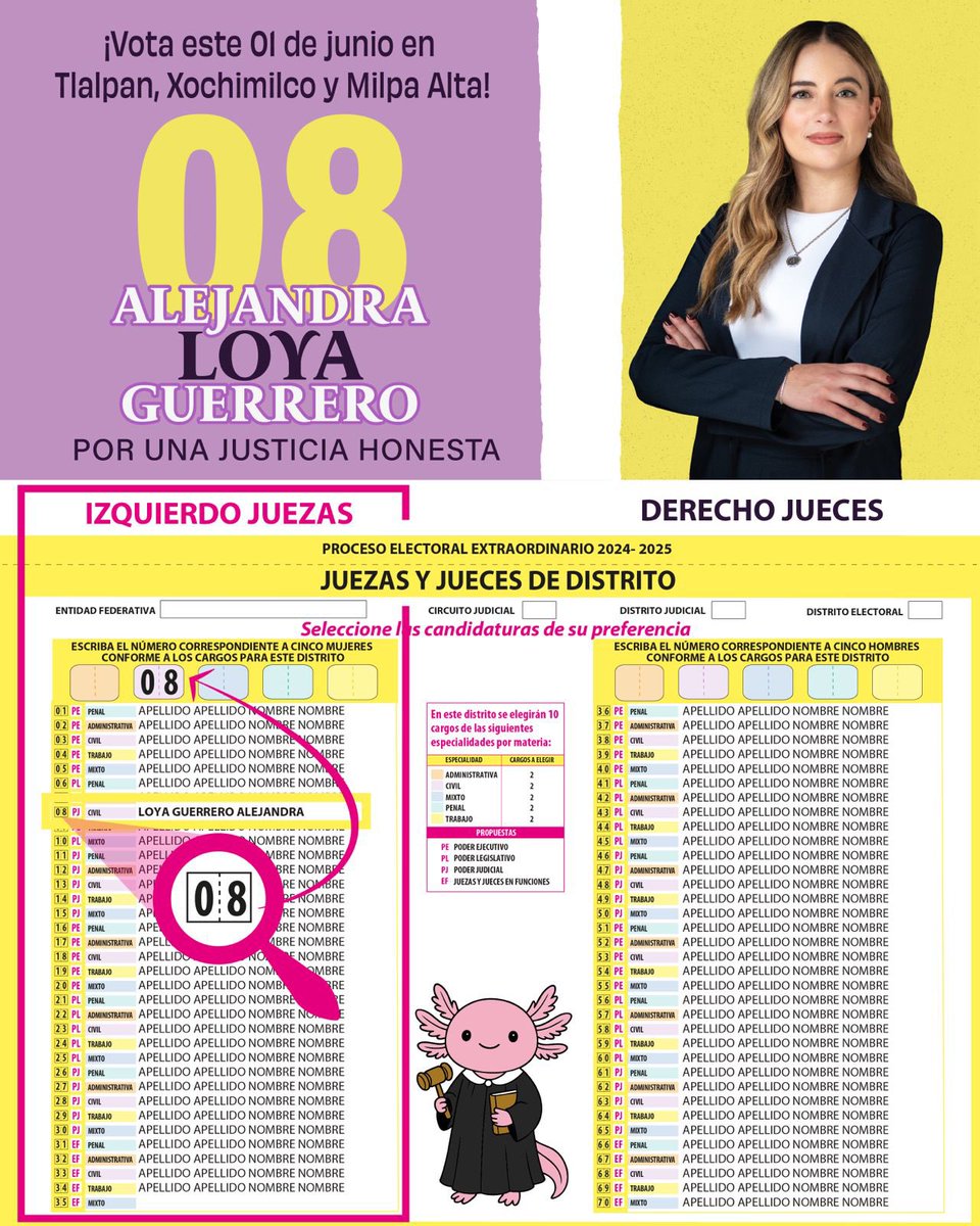 Este 1 de junio, si eres de #Tlalpan, #Xochimilco o #MilpaAlta, busca el recuadro de las juezas en tu boleta amarilla y escribe el número 08.

¡Así es como se ve! 👇🏻