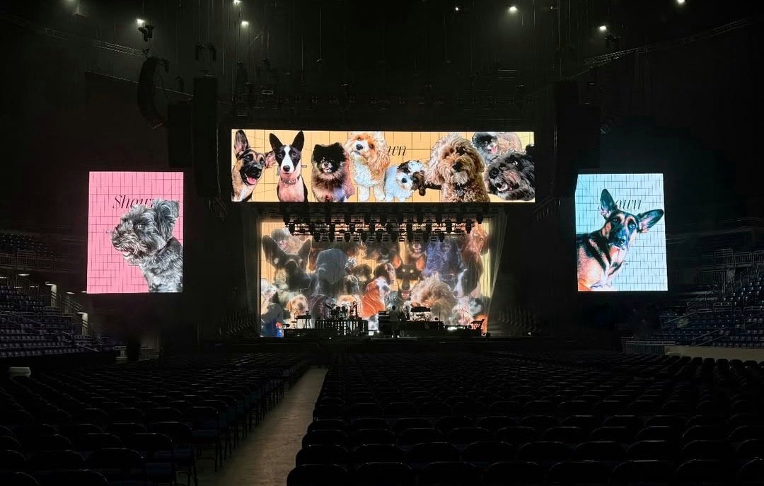 ShawnUpdatesSA's tweet photo. Durante el proceso de configuración de las pantallas para el show de hoy en Puerto Rico, el equipo mostró imágenes de sus mascotas en todas las pantallas incluyendo a Oreo, perro de la familia Mendes. 

De quién habrá sido esta idea? 🐕 https://t.co/GxmG17JzBn