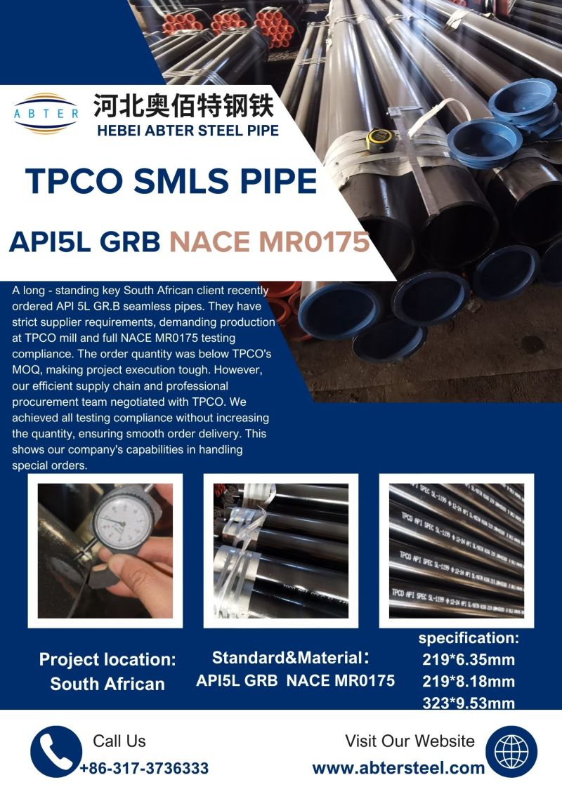 Oliviayaoyao's tweet image. TPCO SMLS PIPE WITH API5L GRB NACE MR0175

Project location: South African

Specification: 219*6.35mm, 219*8.18mm, 323*9.53mm

Contact：Alan@abtersteel.com

#TPCO #seamlesspipe #API5L #Abtersteel