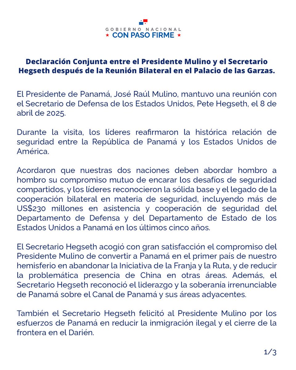 UHN_Plus's tweet photo. 🇵🇦🇺🇸🇨🇳 | URGENTE

Panamá rompe con China y se alinea con EE.UU.: Mulino abandona la Ruta de la Seda, reactiva ejercicios militares con Washington y cierra filas con Hegseth para blindar el Canal, frenar la migración y contener el avance comunista en la región. https://t.co/WofzjB7eNQ