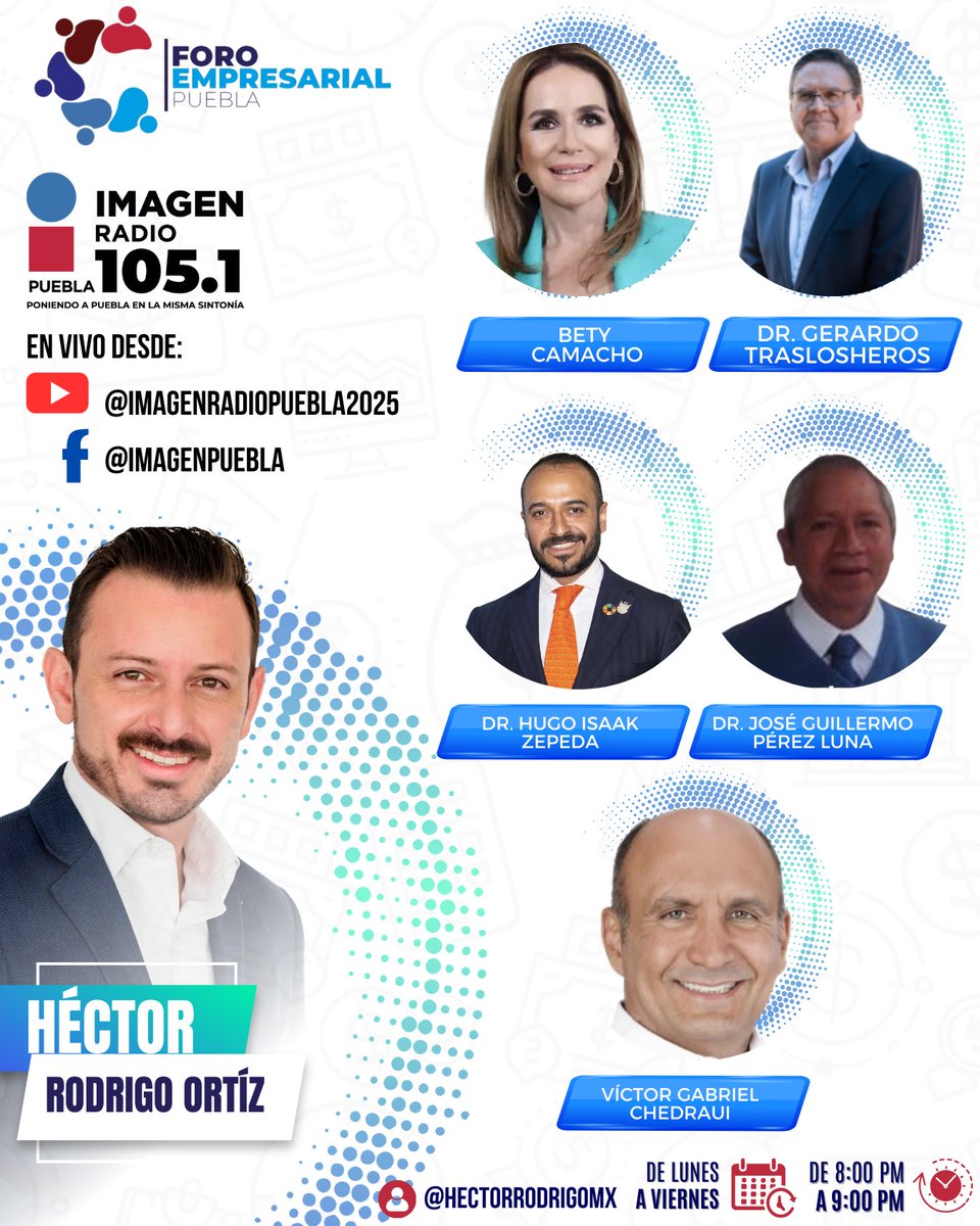 Imagen Puebla (@imagen_puebla) on Twitter photo 🎙️ HOY 8 PM no te pierdas #ForoEmpresarial con <a href="/HectorRodrigoMx/">Héctor Rodrigo Ortiz</a>
En vivo por 105.1 FM, Facebook y YouTube 📻💻
📻 Escúchanos en vivo: imagenpuebla.mx
🔴 Facebook Live: facebook.com/imagenpuebla/
🔴 YouTube Live: youtube.com/@ImagenRadioPu…
Invitados de lujo:
🔹 <a href="/BetyCamacho15/">Bety Camacho</a> 🎙️ HOY 8 PM no te pierdas #ForoEmpresarial con <a href="/HectorRodrigoMx/">Héctor Rodrigo Ortiz</a>
En vivo por 105.1 FM, Facebook y YouTube 📻💻
📻 Escúchanos en vivo: imagenpuebla.mx
🔴 Facebook Live: facebook.com/imagenpuebla/
🔴 YouTube Live: youtube.com/@ImagenRadioPu…
Invitados de lujo:
🔹 <a href="/BetyCamacho15/">Bety Camacho</a>