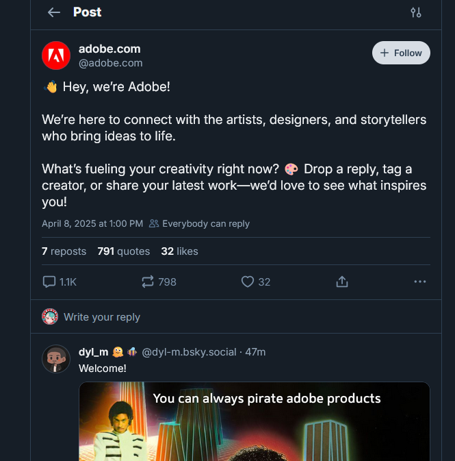 FromHappyRock's tweet image. AIdobe Photoslop poked their head up on Bluesky, got ratioed into the ground by the art community, deleted their post, and then got added to the top of the largest communal AI blocklist ✨