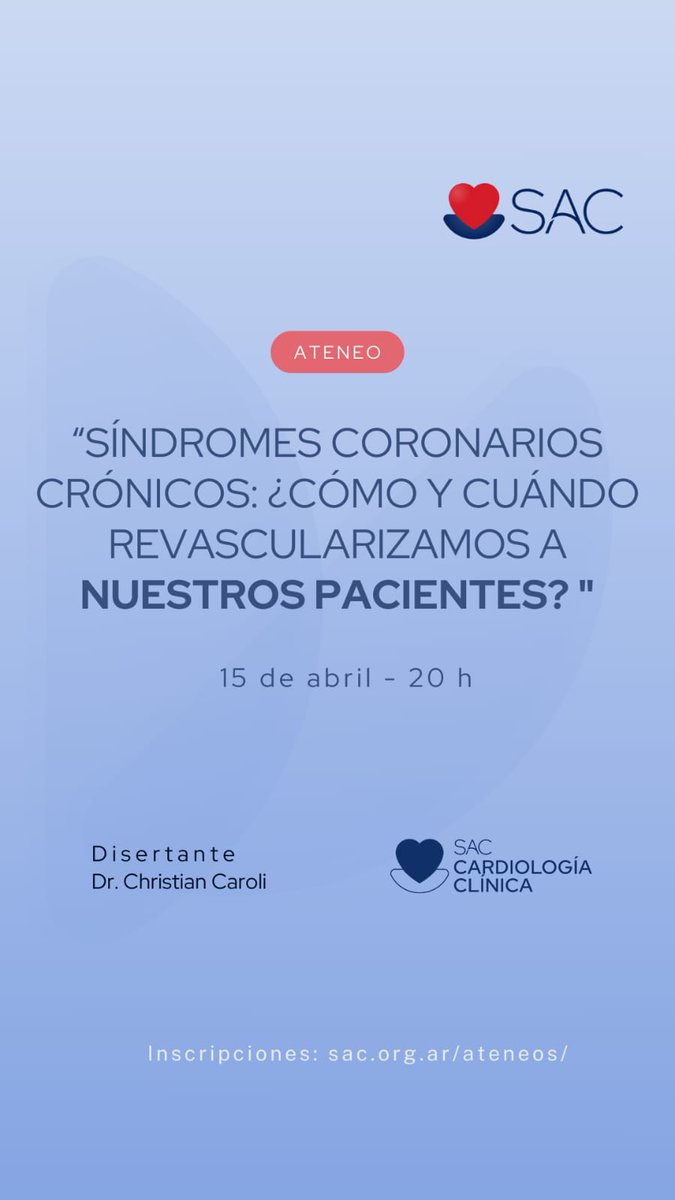 Consejo de Cardiología Clínica y Terapéutica🩺 SAC (@clinicasac) on Twitter photo 🔜Ateneo del Consejo de CC🖥️
💔SCC ¿Cómo y cuándo revascularizar?
🩺El Dr Alejandro Moreno compartirá casos clínicos que discutiremos con un panel de lujo <a href="/matiasrg/">Matias Rodriguez G 🇦🇷 ⭐⭐⭐</a> <a href="/FGProcopio/">Fabricio Gaston Procopio</a> <a href="/EzequielLerech/">Ezequiel Lerech</a> .
📚Finalmente <a href="/drccaroli/">Christian Caroli</a> comentará el estado del arte🎭 ¿Qué dicen las evidencias? 🔜Ateneo del Consejo de CC🖥️
💔SCC ¿Cómo y cuándo revascularizar?
🩺El Dr Alejandro Moreno compartirá casos clínicos que discutiremos con un panel de lujo <a href="/matiasrg/">Matias Rodriguez G 🇦🇷 ⭐⭐⭐</a> <a href="/FGProcopio/">Fabricio Gaston Procopio</a> <a href="/EzequielLerech/">Ezequiel Lerech</a> .
📚Finalmente <a href="/drccaroli/">Christian Caroli</a> comentará el estado del arte🎭 ¿Qué dicen las evidencias?