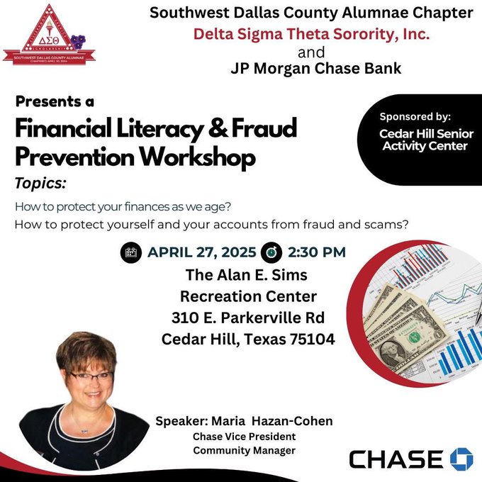 SWDCA_DST's tweet photo. The SWDCA Chapter of DST Sorority Inc. &amp; Chase Bank presents a Financial Literacy &amp; Fraud Prevention Workshop. Apr 27th from 2:30–5 PM in Cedar Hill.

Registration Link
https://t.co/ZvTL3E51B1 https://t.co/Q25LdVjBVn