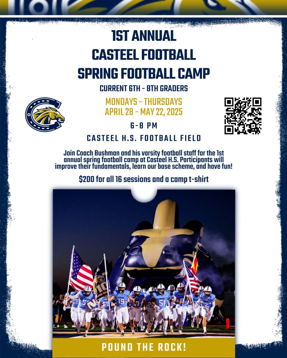 Casteel Football (@casteelfootball) on Twitter photo Don't forget to register for the 1st annual Casteel Spring Football Camp!
For all current 6th - 8th graders!
Link to register:
cusd80.ce.eleyo.com/course/3888/cc…
#PoundTheRock <a href="/JoeBushman5/">Joe Bushman</a> <a href="/CasteelAthletic/">Casteel Athletics</a> <a href="/CUSDAthletics/">CUSDAthletics</a>
📸: <a href="/AriannaGrainey/">Arianna Grainey</a> Don't forget to register for the 1st annual Casteel Spring Football Camp!
For all current 6th - 8th graders!
Link to register:
cusd80.ce.eleyo.com/course/3888/cc…
#PoundTheRock <a href="/JoeBushman5/">Joe Bushman</a> <a href="/CasteelAthletic/">Casteel Athletics</a> <a href="/CUSDAthletics/">CUSDAthletics</a>
📸: <a href="/AriannaGrainey/">Arianna Grainey</a>