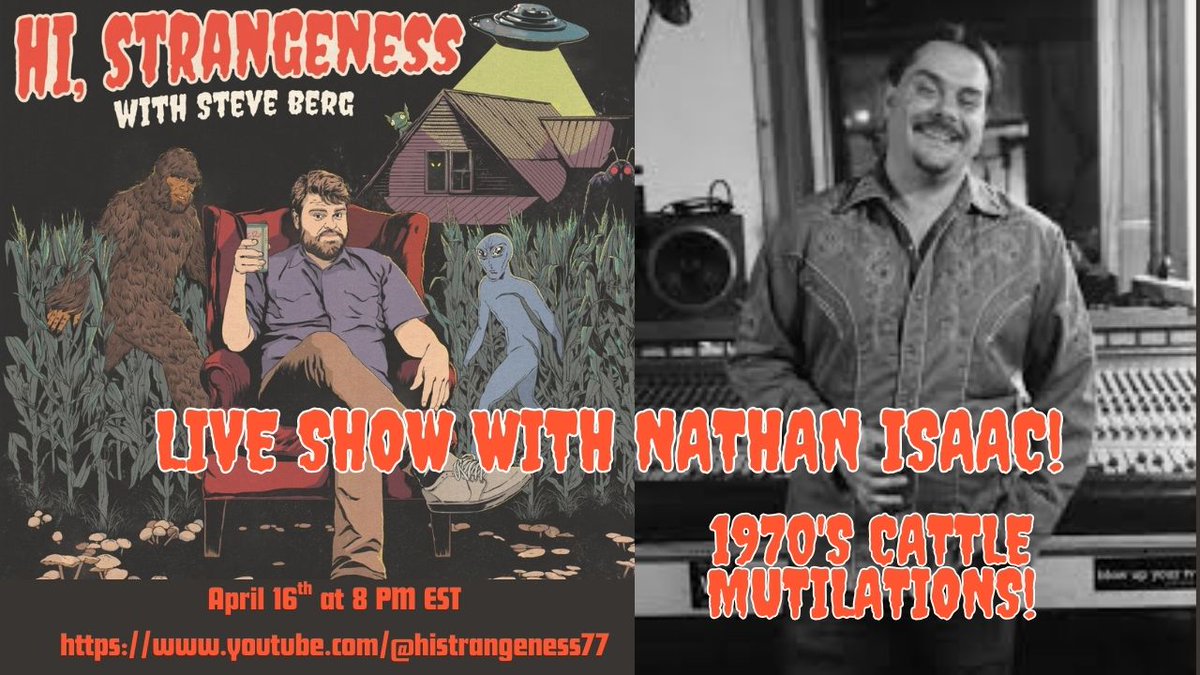 Steve Berg (@bergmaster5000) on Twitter photo I'm excited to announce the first ever virtual LIVE show of Hi, Strangeness. <a href="/PennyRoyal93/">Penny Royal</a> will be the star of the hour, and he's kindly agreed to give us a little presentation on his research into the 1970's cattle mutilation sitch. Show link: youtube.com/@histrangene... I'm excited to announce the first ever virtual LIVE show of Hi, Strangeness. <a href="/PennyRoyal93/">Penny Royal</a> will be the star of the hour, and he's kindly agreed to give us a little presentation on his research into the 1970's cattle mutilation sitch. Show link: youtube.com/@histrangene...