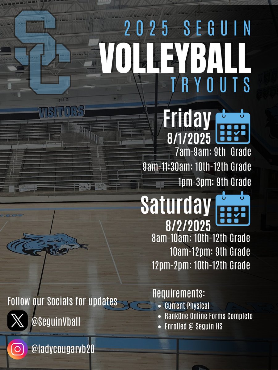 SeguinVball's tweet photo. ⏳🏐 115 DAYS ‘TIL COUGAR VOLLEYBALL HITS THE COURT!
Tryouts are comin’—are YOU ready to earn your spot?
Check the flyer below for all the deets & mark your calendar!
Let’s work. Let’s grind. Let’s DOMINATE. 💪🐾
#CougarVolleyball #TryoutSzn #WeComing https://t.co/otpV6gnhHb