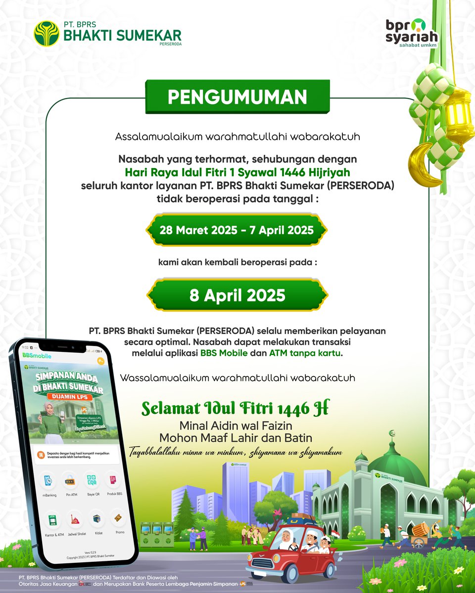SumekarOfficial's tweet photo. Assalamualaikum
Berikut informasi libur lebaran dan cuti bersama Hari Raya Idul Fitri 1446H PTm BPRS Bhakti Sumekar https://t.co/qMxNqp2AK6