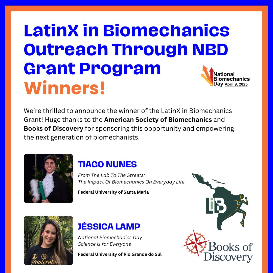 BiomechanicsDay's tweet photo. 🎉 Huge congrats to our LatinX in Biomechanics Outreach Grant winners!
Big thanks to @LatinxBiomech and Books of Discovery for empowering the next generation of biomechanists!
#NBD2025 #Biomechanics #STEM #LatinXinSTEM https://t.co/b5zDfAe5QH