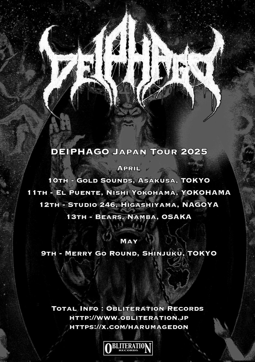sunaneko666's tweet photo. 4.11 (金)
DEIPHAGO Japan Tour 2025　
Yokohama Extreme 28 at @yokohama_puente
※チケット予約https://t.co/MpdrxTYWWt
Adv/Door ¥2500/3000 + 1D
Open/Start: 19:00/19:30
 
※タイムテーブル
19:30 - 20:00 OROCHI
20:20 - 20:50 怒号
21:10 - 21:50 DEIPHAGO

※チケット予約はDM等でも受付中 https://t.co/1cWAsWPaVi