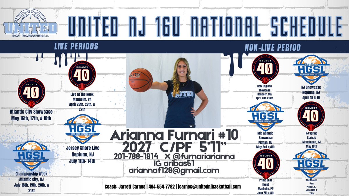 Arianna Furnari (@furnariarianna) on Twitter photo Excited to play for United NJ AAU this season! Here's my 2025 schedule <a href="/unitedNJaau/">United NJ AAU</a> <a href="/jcarnesjr/">Coach Carnes</a> <a href="/CoachJimmy_O/">Jimmy Ostaszewski</a> <a href="/CoachGaba/">Coach Joe Gaba</a> <a href="/RamapoGirls/">Ramapo Girls Basketball</a> Excited to play for United NJ AAU this season! Here's my 2025 schedule <a href="/unitedNJaau/">United NJ AAU</a> <a href="/jcarnesjr/">Coach Carnes</a> <a href="/CoachJimmy_O/">Jimmy Ostaszewski</a> <a href="/CoachGaba/">Coach Joe Gaba</a> <a href="/RamapoGirls/">Ramapo Girls Basketball</a>