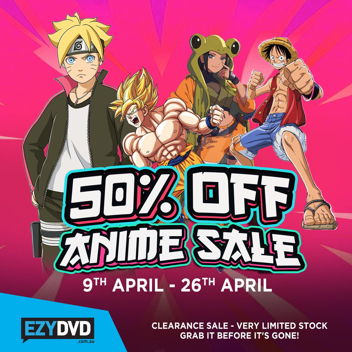 EzyDVD's tweet photo. 🌟🎉 Calling all anime fans! 🎉🌟

We're thrilled to announce a **50% OFF** sale on **over 290 selected anime titles** at EzyDVD!
🗓️ **From April 9th to April 26th**

This is the perfect chance to complete your collection or explore new adventures!  https://t.co/zmnQYUpzTp🛒✨ https://t.co/QpXGsAAHix