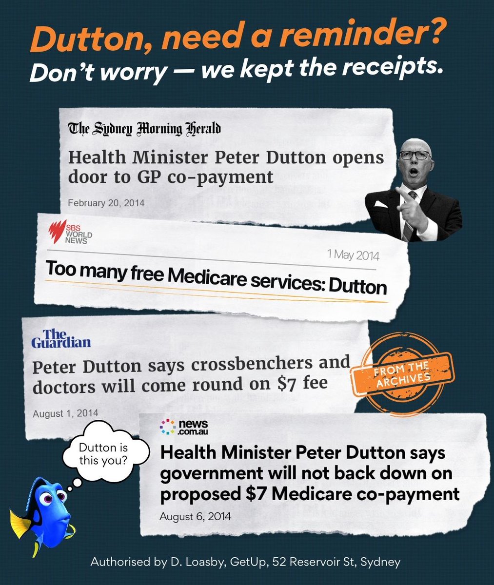 GetUp's tweet photo. Looks like Peter Dutton needs reminding of his own track record as the worst-voted Health Minister. So we pulled the receipts. 🧾
#CostOfDutton #WeKeptTheReceipts #auspol #ausvotes #WeCantAffordDutton #DontRiskDutton
Authorised by D. Loasby, GetUp, 52 Reservoir St, Sydney https://t.co/5DKnw0ZlI9