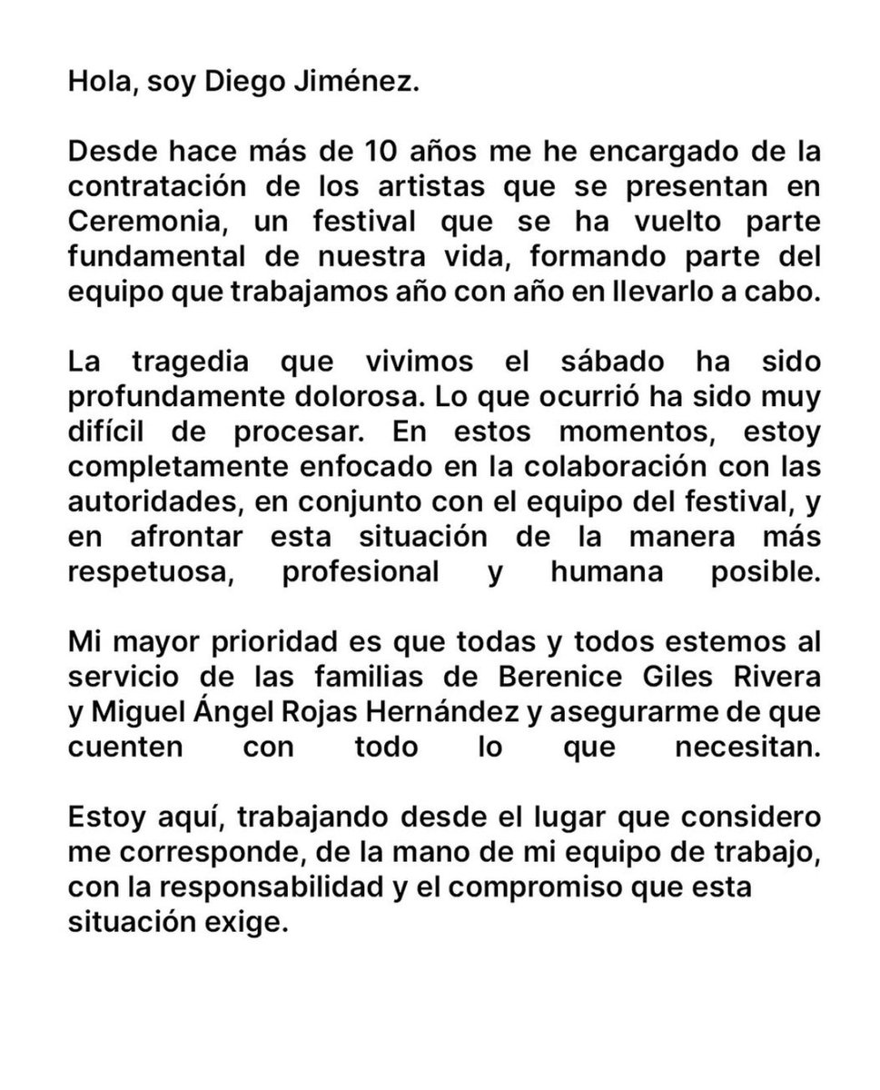 🚨#ALMOMENTO Fundador del Axe Ceremonia rompe el silencio tras tragedia en el Parque Bicentenario

Diego Jiménez, fundador de Grupo Eco, empresa detrás del Festival Axe Ceremonia, habló por primera vez tras la muerte de los fotógrafos Berenice y Miguel.

“La tragedia del sábado