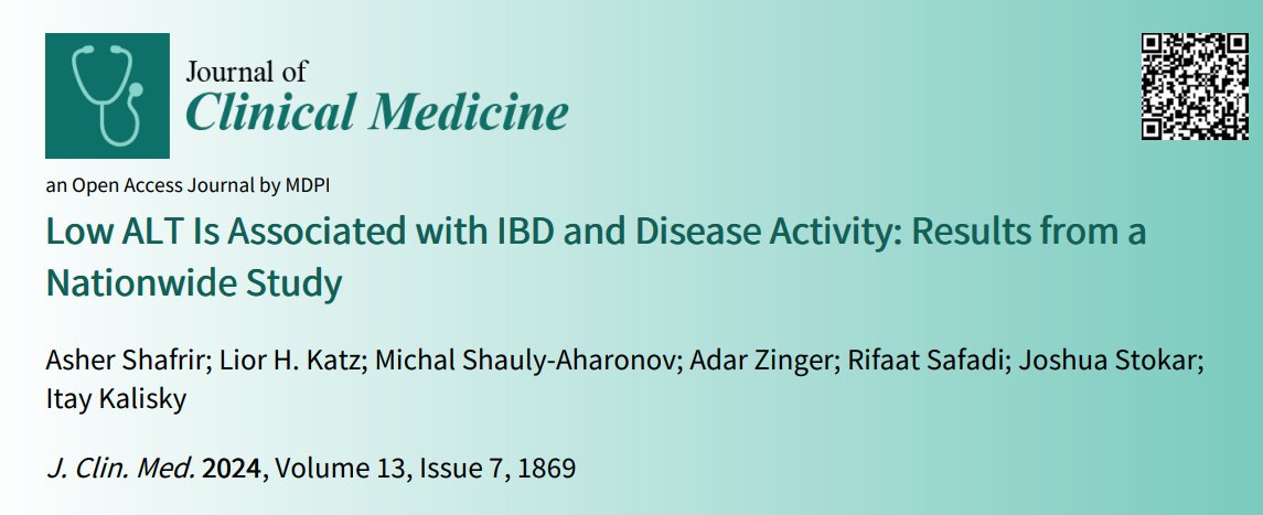 #mdpijcm
#Editor’s Choice #Article🔍
Low ALT Is Associated with #IBD and Disease Activity: Results from a Nationwide Study
👥by Asher Shafrir et al. <a href="/ashershaf/">Asher Shafrir</a>
📜mdpi.com/2725866
<a href="/MediPharma_MDPI/">MDPI Medicine & Pharmacology</a>