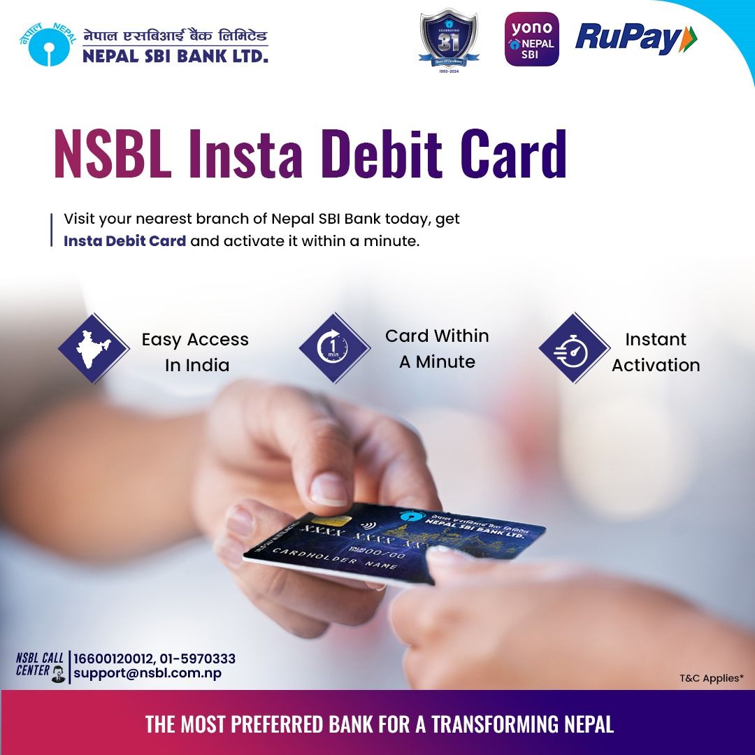 NepalSBIBank's tweet photo. Visit your nearest branch of Nepal SBI Bank today, get Insta Debit Card and activate it within a minute.
#NepalSBI #NSBL #instacard https://t.co/WOZnYPd8rh