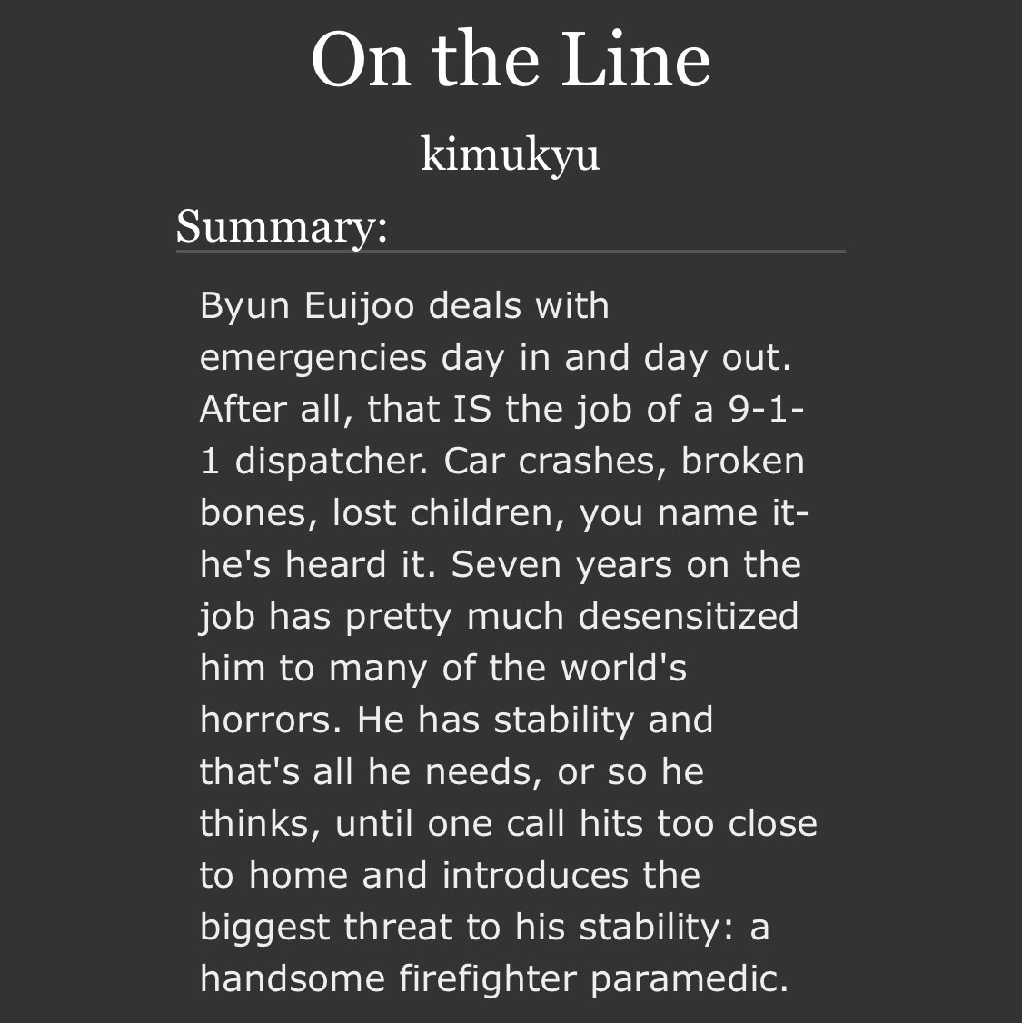 lunelibrary's tweet photo. On the Line
โby kimukyu
โณ ๐๐ (m/m, rated G)
โณ au - firefighters, dispatcher ๐, firefighter paramedic ๐, fluff and humor, drama and romance (check link for more tags!)
read here! https://t.co/l88EhUUcvj https://t.co/F3TvPuPBDG
