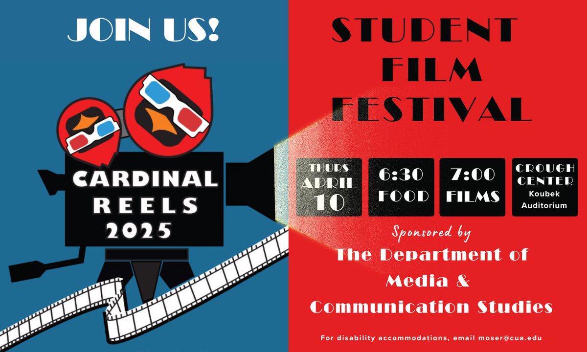 Join us for CARDINAL REELS April 10th at 6:30pm! 
LOCATION: Crough Ctr, Koubek Auditorium, Room #140; 
⭐ Use main entrance facing Michigan Ave; arrive btwn 6:15 and 7pm to gain building access. 

Directions: Type "Crough Center" on google map: catholic.edu/map/index.html