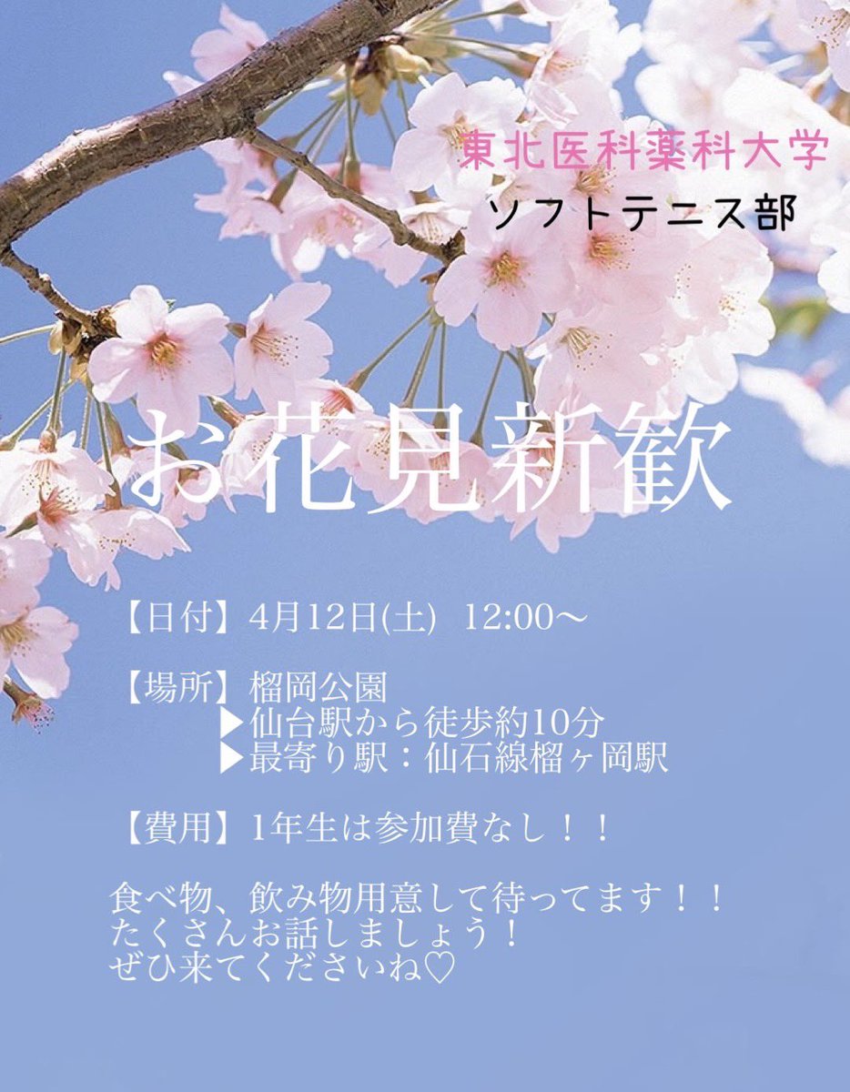tmpu_med_st's tweet photo. 🌸医薬合同新歓のお知らせ🌸

4/12(土) 榴岡公園でお花見新歓を開催します！！
お菓子や飲み物、軽食を準備して待ってます！！

参加希望の方はQRコードを読み取って新歓のLINEグループに参加してください🙋
医学部薬学部の先輩、同期と仲を深めましょう！

#東北医科薬科大学ソフトテニス部 https://t.co/HhIRiqu1qn