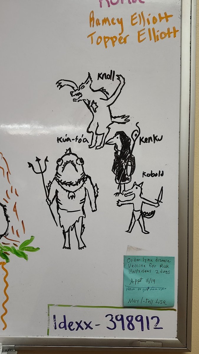 At the vets office where my daughter works they do a letter of the day kind of thing where everyone draws something starting with whatever letter it is that day and my daughter has been dominating the board with monsters.

(And yes she eventually realized she misspelled Gnoll)