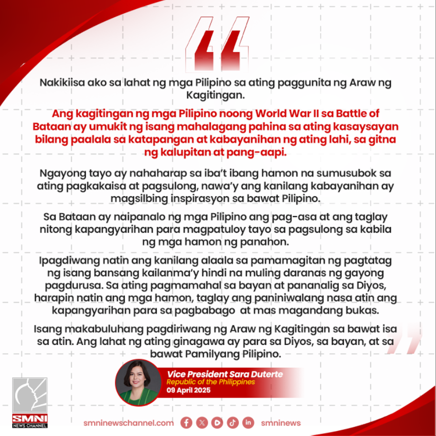Mensahe ni Vice President Sara Duterte para sa Araw ng Kagitingan.