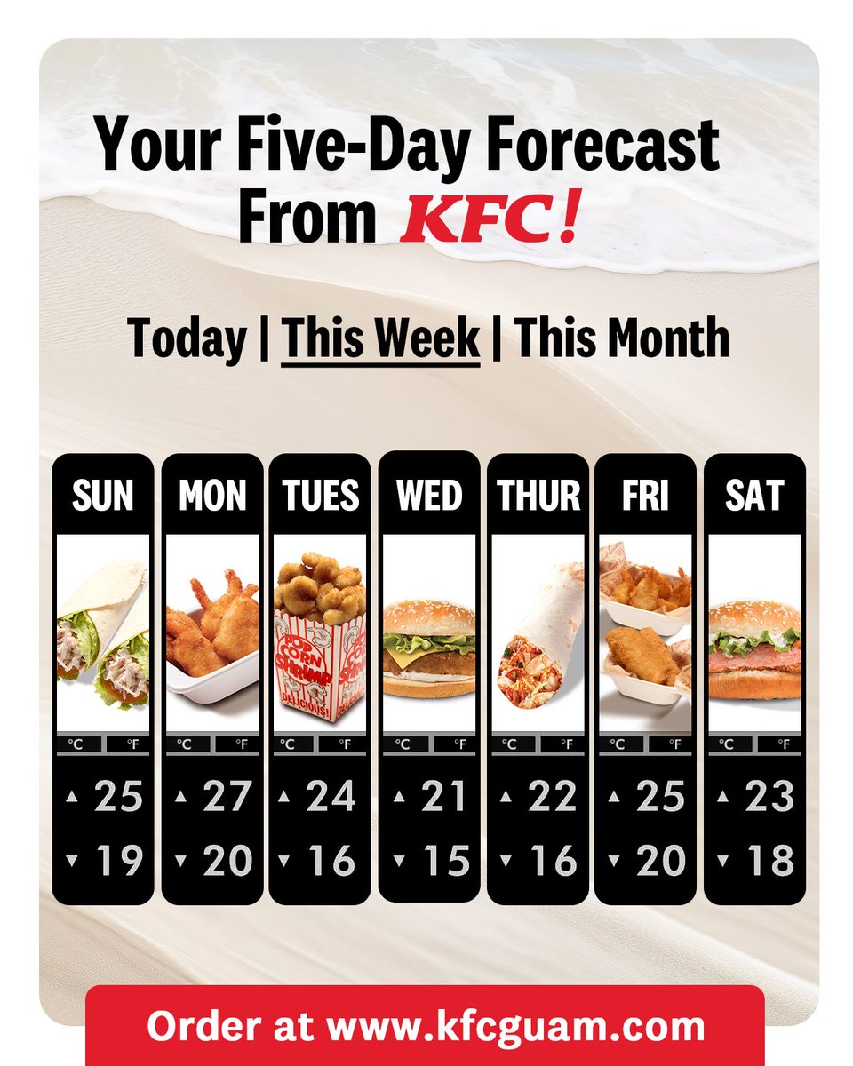 KFC_Guam's tweet photo. The weather report is in, and it’s looking delicious! ⛅️  From Monday to Friday, all your KFC specials are on the forecast!

Get it today at KFC Guam! Online ordering available through Good To Go and Uno Go. Visit the link to order online: https://t.co/lNbpAqwyz9 https://t.co/xN2EFemi6h