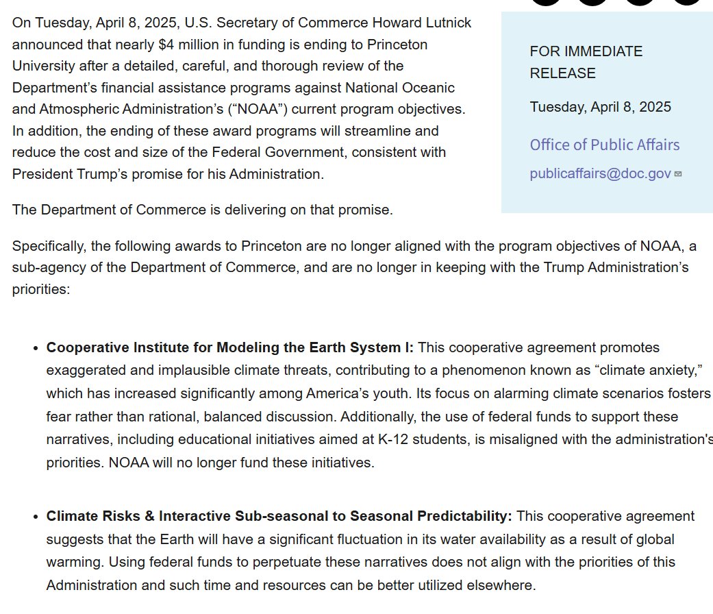 the first of many cooperative agreements between NOAA and universities has fallen as the agreement with Princeton has been axed because "implausible climate threats" are "exaggerated". 
commerce.gov/news/press-rel…

last year in 2024, just two hurricanes caused >$100billion in damages