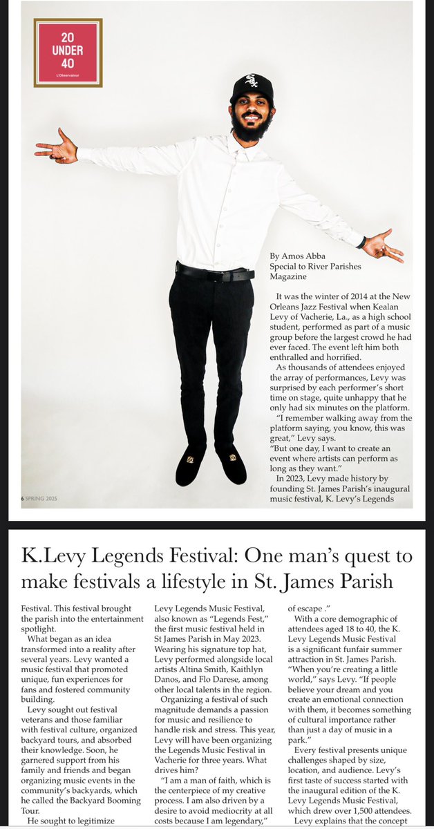 KLevyMusic's tweet photo. Honored to be named one of the TOP 20 UNDER 40 in the River Parishes by L’Observateur!

From backyard shows to building Legends Fest. Legendary Never Scary remains true! 

Faith. Purpose. Community. Love.
We already won. Now we build more! 

#MissionLegendary #LegendaryNeverScary https://t.co/IIhA5wdk5Y