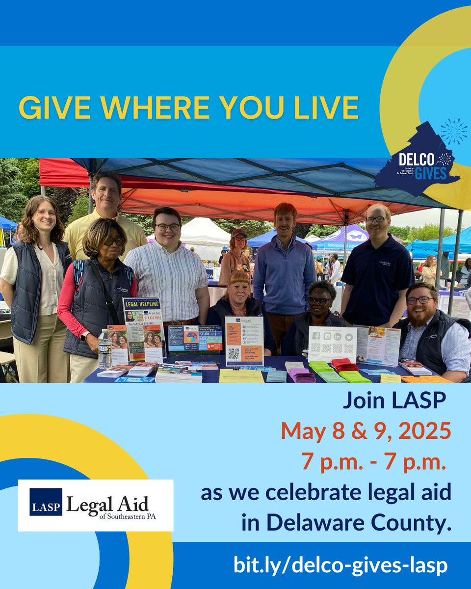 Legal Aid of Southeastern PA (@legalaidsepa) on Twitter photo 💛Save the date!💙This spring, LASP is participating in the 2nd annual Delco Gives day! Hosted by <a href="/DelcoFdn/">The Foundation for Delaware County</a>, #DelcoGives is a county-wide effort to raise awareness & funds for nonprofits like LASP that provide important services to Delco residents.
Join us May 8-9, 2025! 💛Save the date!💙This spring, LASP is participating in the 2nd annual Delco Gives day! Hosted by <a href="/DelcoFdn/">The Foundation for Delaware County</a>, #DelcoGives is a county-wide effort to raise awareness & funds for nonprofits like LASP that provide important services to Delco residents.
Join us May 8-9, 2025!