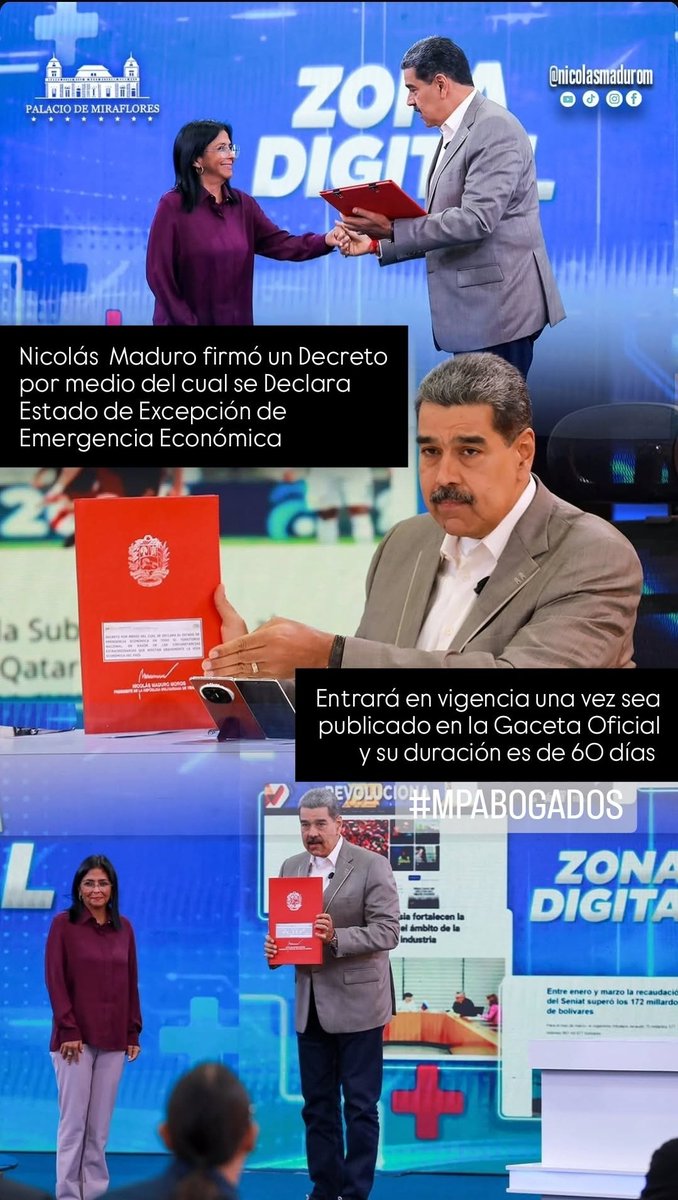 #ULTIMAHORA 
Nicolás Maduro firmó un Decreto por medio del cual se declara en todo el territorio nacional Estado de Emergencia Económica, por un período de 60 días.

#MPAbogados