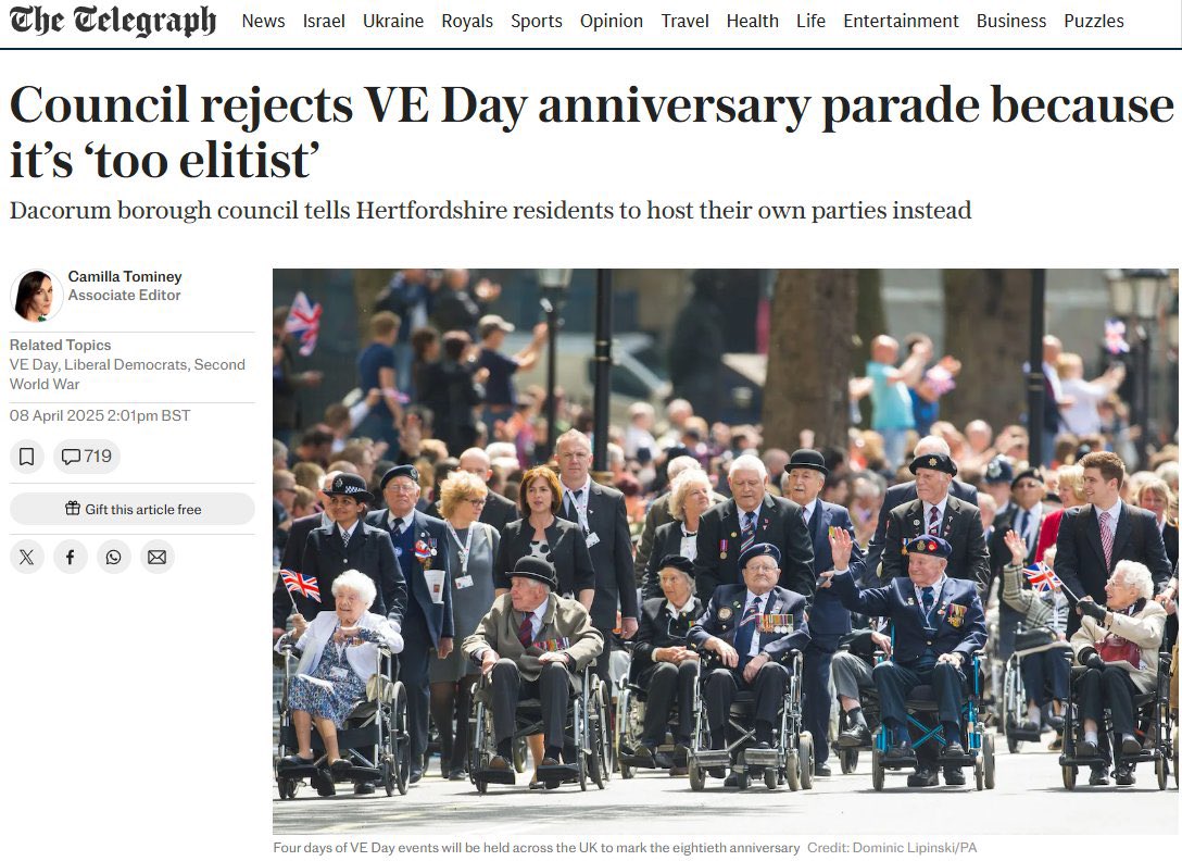 Imagine telling the people who landed on on the beaches in 1944 that 80 years later liberals in the UK will call VE Day ‘too elitist’

Only pride parades are allowed in the UK these days