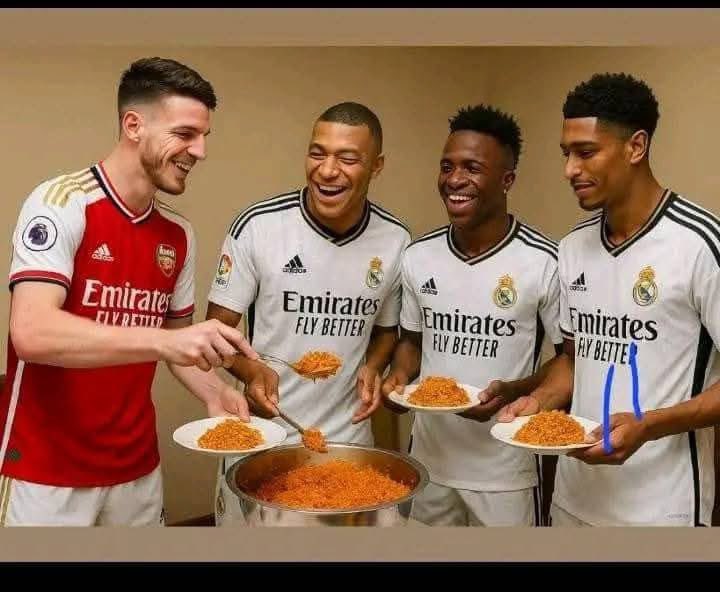 nwarselan's tweet photo. Declan his giving some rice to Mbappe, Vini Jr &amp; Bellingham since it is still in Eid Month! 🤣🤣🤣 https://t.co/czeezsoksU