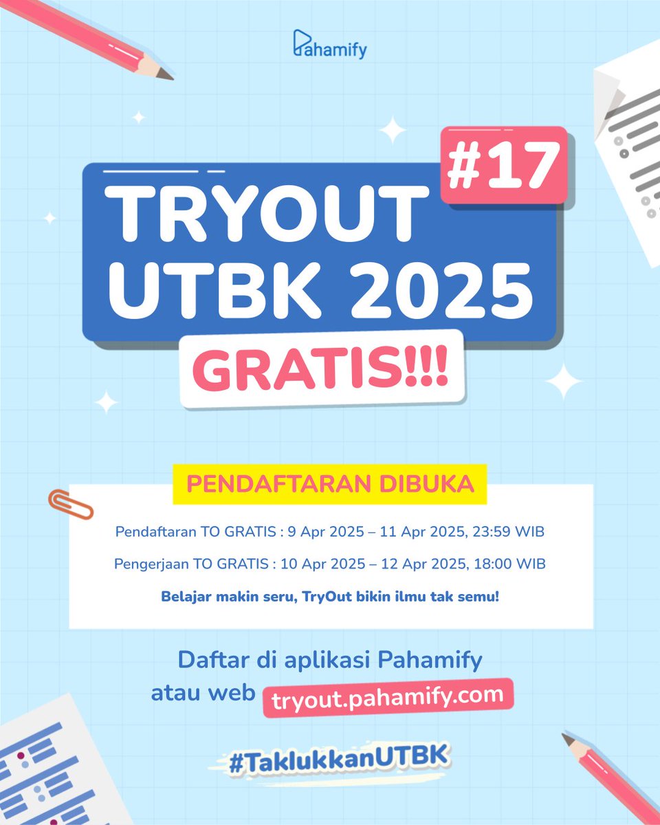 🥇Pendaftaran TO UTBK 2025 #17 GRATIS Dibuka🥇

Pendaftaran GRATIS terakhir: 11 April 2025 | 23.59 WIB

Daftar di app Pahamify atau di tryout.pahamify.com