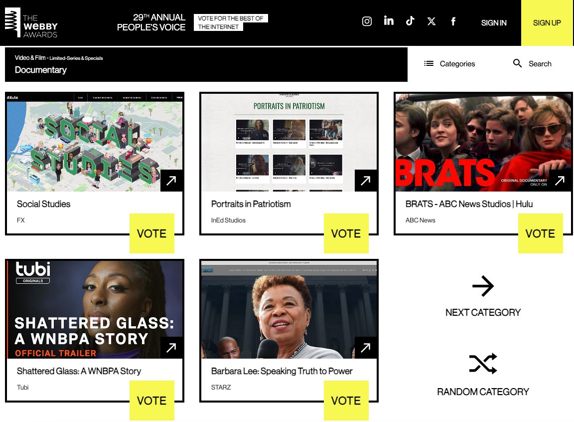 My doc series, SOCIAL STUDIES, has been nominated for a Best Documentary Series Webby!

Please click below and vote for us! 

click.email.webbyawards.com/?qs=2b73a1a820…