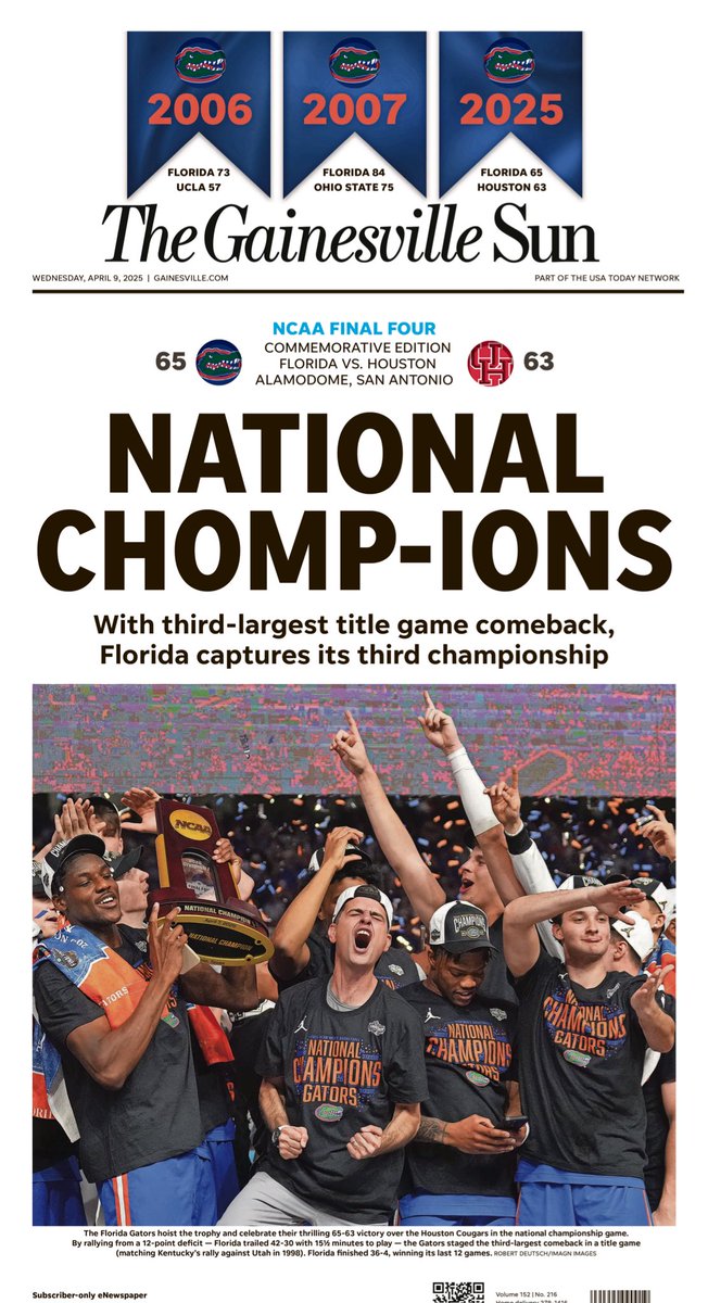Dan Alegria 📰 (@danalegriajr) on Twitter photo Early look at Wednesday’s <a href="/GainesvilleSun/">GainesvilleSun</a> front page — <a href="/FloridaGators/">Florida Gators</a> are the National Chomp-ions. <a href="/APSE_sportmedia/">APSE</a> Early look at Wednesday’s <a href="/GainesvilleSun/">GainesvilleSun</a> front page — <a href="/FloridaGators/">Florida Gators</a> are the National Chomp-ions. <a href="/APSE_sportmedia/">APSE</a>