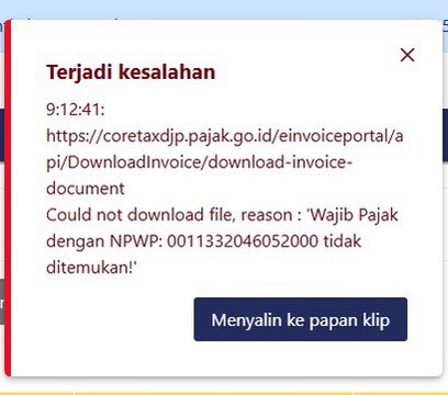 nikenwahida's tweet photo. @kring_pajak Pagi kak, mau nanya ini kan saya melakukan transaksi melalui retur pajak masukan melalui Coretax. Nah itu sudah sesuai semua dan di terima oleh pihak supplier. Tetapi, waktu melakukan download PDF itu tidak bisa dan muncul notif terjadi kesalahan. itu gimana ya kak? https://t.co/amvfOLu6Gj