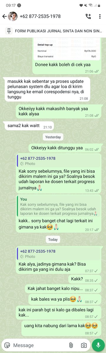 collegemfs's tweet photo. [cm] Guys oot mau viralin orang penipu publish jurnal. Akun @ kfinciw, parah bgt bilangnya bisa publish jurnal fast track tp malah nipu. Awalny dia fast respon bgt, tp dlm 48 jam udah g respon lagi. Uang mahasiswa udah nabung demi publish jurnal malah ketipu, spam wa nya🥹 https://t.co/ww64vYBEag