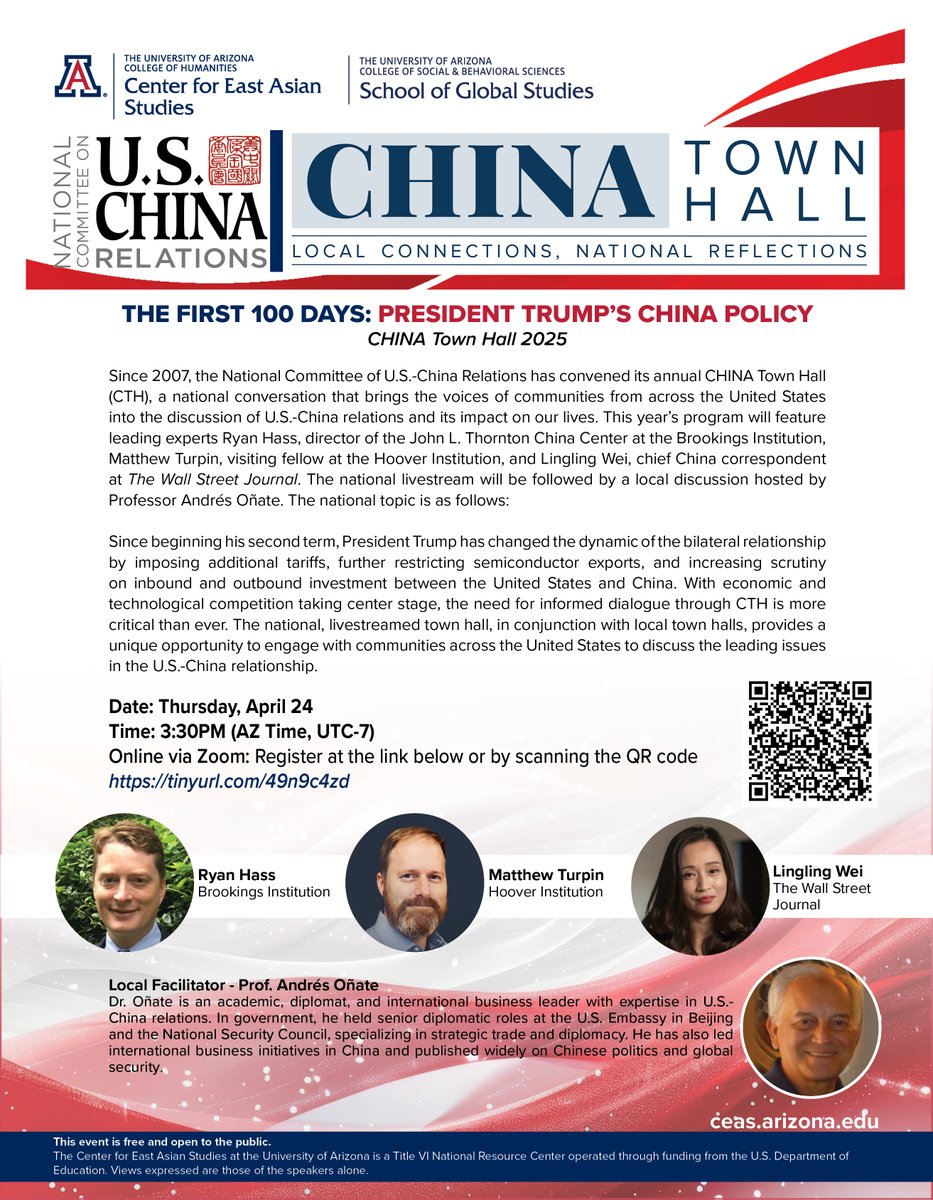 Interested in global politics? Then sign up to virtually attend China Town Hall! This event provides an opportunity to engage with communities across the U.S. to discuss the U.S.-China relationship.

Date: Thursday, April 24 (3:30PM)
Register here: tinyurl.com/49n9c4zd