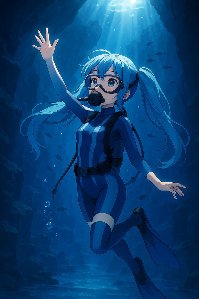 テーマ【イメージ】 幻想的な青の海中洞窟を泳ぐ、青髪ツインテールの