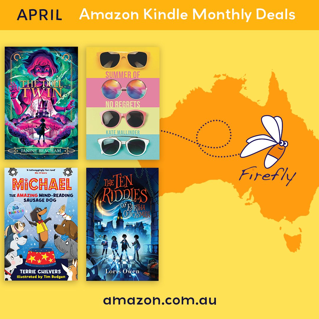✨DEAL ALERT✨
This month’s #KindleMonthlyDeals in Australia include...
#TheDollTwin, #MichaelTheAmazingMindReadingSausageDog, #SummerOfNoRegrets and #TheTenRiddlesOfEarthaQuicksmith 📚

Deal ends 30th April. Get your copy here:
amazon.com.au/s?k=firefly+pr…