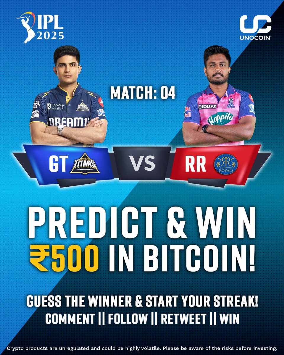Unocoin's tweet photo. Match 4/5 #GTvsRR 

Tonight’s IPL 2025 battle is set! Gujarat Titans (#GT) take on Rajasthan Royals (#RR) in a high-stakes showdown! Who's taking the win? 

Predict 5 matches in a row correctly & WIN ₹500 worth of Bitcoin!

How to Play?
✅ Comment your winner – GT or RR
✅ Follow @Unocoin
✅ Retweet this post

Deadline: Before the first ball is bowled! Stay in the game—drop your predictions NOW! 

#IPL2025