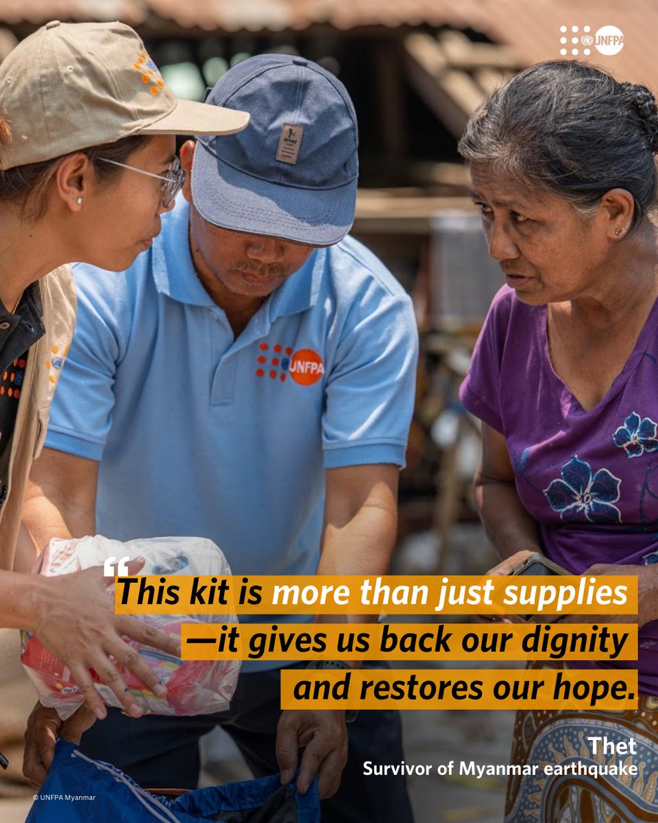 UNFPAAsiaPac's tweet photo. Thet, a 38-year-old expectant mother, lost her home, husband, and sense of safety in the #MyanmarEarthquake.
Amid the heartbreak, a simple #DignityKit brought her hope.
“This kit means more than supplies—it restores our hope,” she shared. With humanitarian aid, women like Thet are finding the strength to heal and rebuild their lives.
🧡 DONATE now to save lives: https://t.co/mRCStk9wE1
🔗 Read her story:
https://t.co/rcdA7IupGd