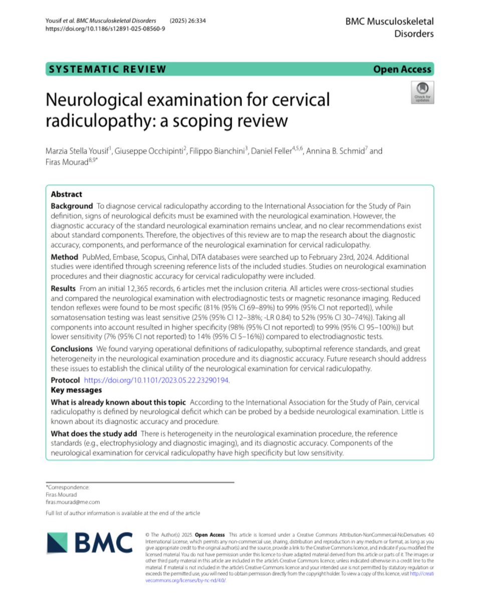 Neurological examination for cervical radiculopathy: a scoping review

Heterogeneous operational definitions, procedure, reference standards, and its diagnostic accuracy. Neurological examination has high specificity but low sensitivity. 

🔓full-text: rdcu.be/egxYX