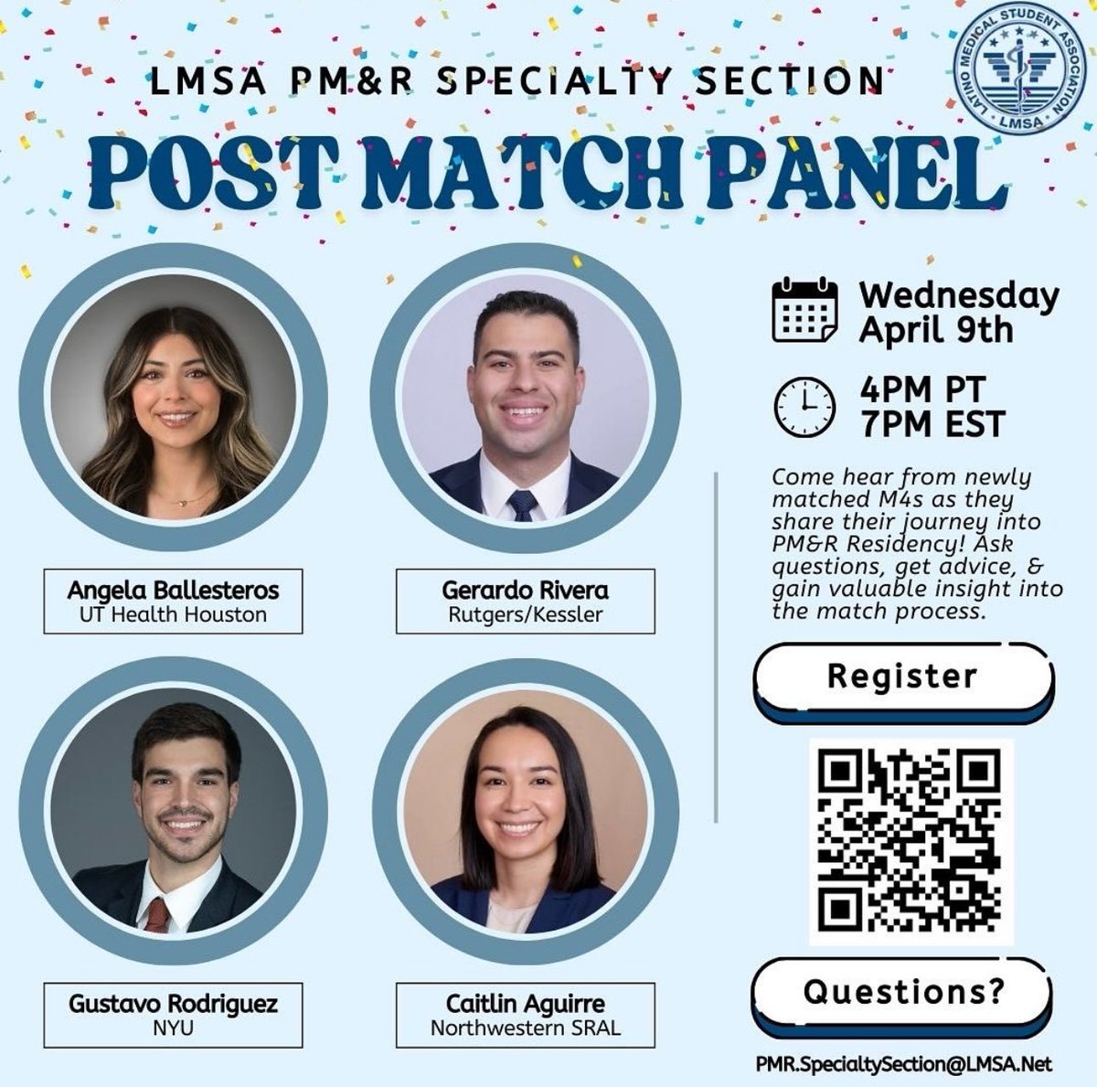 LMSA PM&amp;R Post-Match Panel is happening this Wednesday, April 9th — and you don’t want to miss it!

Hear from recently matched med students as they share their journeys into PM&amp;R

📅 Wednesday, April 9th
🕓 4 PM PT | 5 PM MT | 6 PM CT | 7 PM EST